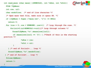www.cyberlabzone.com
int read_maze (char maze[ ][NUMCOLS], int *sRow, int *sCol){
FILE *fpMaze;
int row, col;
char endofline; /* end of line character */
/* Open maze text file, make sure it opens OK. */
if ((fpMaze = fopen ("maze.txt", "r")) == NULL)
return 0;
for (row = 0; row < NUMROWS; row++){ /* Loop through the rows. */
for(col=0;col<NUMCOLS;++col){/* Loop through columns */
fscanf(fpMaze,"%c",&maze[row][col]);
if (maze[row][col] == 'O') { /*Check if this is the starting
position.*/
*sRow = row;
*sCol = col;
}
} /* end of for(col=... loop */
fscanf(fpMaze,"%c",&endofline);
} /* end of for(row=... loop */
fclose(fpMaze);
return 1;
}
 