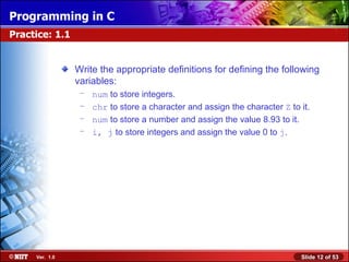Write the appropriate definitions for defining the following variables: num  to store integers. chr  to store a character and assign the character  Z  to it. num  to store a number and assign the value 8.93 to it. i, j  to store integers and assign the value 0 to  j . Practice: 1.1 