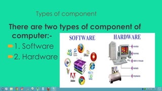 Types of component 
There are two types of component of 
computer:- 
1. Software 
2. Hardware 
 