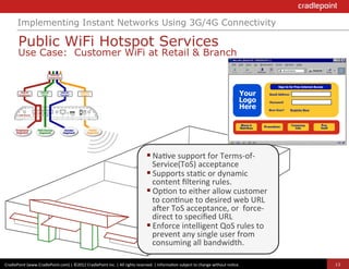 Implementing Instant Networks Using 3G/4G Connectivity

          Public WiFi Hotspot Services
          Use Case: Customer WiFi at Retail & Branch



                                                                                                                                                                                     Your
                                                                                                                                                                                     Logo
                                                                                                                                                                                     Here




                                                                                                             § Na?ve	
  support	
  for	
  Terms-­‐of-­‐
                                                                                                                Service(ToS)	
  acceptance	
  
                                                                                                             § Supports	
  sta?c	
  or	
  dynamic	
  
                                                                                                                content	
  ﬁltering	
  rules.	
  
                                                                                                             § Op?on	
  to	
  either	
  allow	
  customer	
  
                                                                                                                to	
  con?nue	
  to	
  desired	
  web	
  URL	
  
                                                                                                                acer	
  ToS	
  acceptance,	
  or	
  	
  force-­‐
                                                                                                                direct	
  to	
  speciﬁed	
  URL	
  
                                                                                                             § Enforce	
  intelligent	
  QoS	
  rules	
  to	
  
                                                                                                                prevent	
  any	
  single	
  user	
  from	
  
                                                                                                                consuming	
  all	
  bandwidth.	
  

CradlePoint	
  (www.CradlePoint.com)	
  |	
  ©2012	
  CradlePoint	
  Inc.	
  |	
  All	
  rights	
  reserved.	
  |	
  Informa?on	
  subject	
  to	
  change	
  without	
  no?ce.	
  	
       13
 