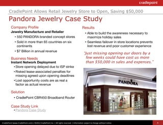 CradlePoint Allows Retail Jewelry Store to Open, Saving $50,000

          Pandora Jewelry Case Study
              Company Proﬁle
                                                                                                       Results
              Jewelry Manufacture and Retailer
                                                                                          •  Able to build the awareness necessary to
                    •  550 PANDORA branded concept stores
                                                                                  maximize holiday sales
                    •  Sold in more than 65 countries on six                                                                             •  Seamless failover in store locations prevents
                       continents
                                                                                                          lost revenue and poor customer experience
                    •  $7 Billion in annual revenue
                                                                                     
              
                                                                                                                                      “Just missing opening our doors by a
              Business Needs
                                                                                                           few weeks could have cost us more
              Instant Network Deployment
                                                                                               than $50,000 in sales and expenses.”
                • Store opening delayed due to ISP strike
                • Risked lease-associated penalties for
                  missing agreed upon opening deadlines
                • Lost opportunity costs are as real a
                  factor as actual revenue
                    
              Solution
                   •  CradlePoint CBR450 Broadband Router

              Case Study Link
                   • Pandora Case Study


CradlePoint	
  (www.CradlePoint.com)	
  |	
  ©2012	
  CradlePoint	
  Inc.	
  |	
  All	
  rights	
  reserved.	
  |	
  Informa?on	
  subject	
  to	
  change	
  without	
  no?ce.	
  	
       9
 