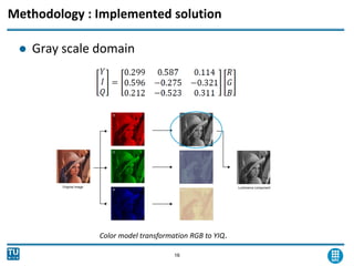 Methodology : Implemented solution
 Gray scale domain
16
Color model transformation RGB to YIQ.
 