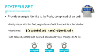 STATEFULSET
• Provide a unique identity to its Pods, comprised of an ordinal
Identity stays with the Pod, regardless of which node it is scheduled on
Hostnames:
Pods created, scaled and deleted sequentially (i.e. mongo-{0..N-1})
mongo-1 mongo-2mongo-0
BETA FEATURE FROM KUBERNETES
1.5
 