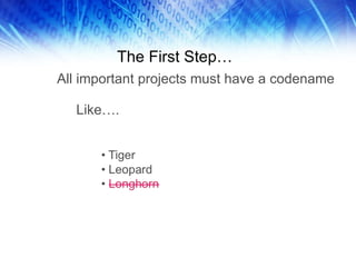 The First Step… All important projects must have a codename Like…. 