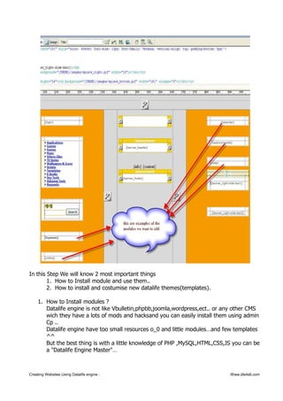 In this Step We will know 2 most important things
1. How to Install module and use them..
2. How to install and costumise new datalife themes(templates).
1. How to Install modules ?
Datalife engine is not like Vbulletin,phpbb,joomla,wordpress,ect.. or any other CMS
wich they have a lots of mods and hacksand you can easily install them using admin
Cp ..
Datalife engine have too small resources o_0 and little modules…and few templates
^^
But the best thing is with a little knowledge of PHP ,MySQL,HTML,CSS,JS you can be
a "Datalife Engine Master"…
Creating Websites Using Datalife engine : Www.dle4all.com
 