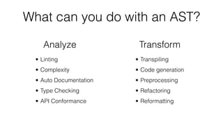 Analyze Transform
• Linting
• Complexity
• Auto Documentation
• Type Checking
• API Conformance
• Transpiling
• Code generation
• Preprocessing
• Refactoring
• Reformatting
What can you do with an AST?
 