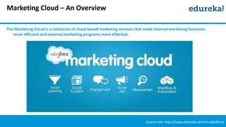 Marketing Cloud – An Overview
Course link: http://www.edureka.co/crm-salesforce
The Marketing Cloud is a collection of cloud-based marketing services that make internal marketing functions
more efficient and external marketing programs more effective.
 