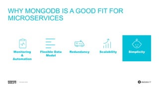 #MDBW17
WHY MONGODB IS A GOOD FIT FOR
MICROSERVICES
Monitoring
&
Automation
Flexible Data
Model
Redundancy Scalability Simplicity
 