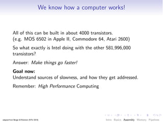We know how a computer works!


           All of this can be built in about 4000 transistors.
           (e.g. MOS 6502 in Apple II, Commodore 64, Atari 2600)
           So what exactly is Intel doing with the other 581,996,000
           transistors?
           Answer: Make things go faster!
           Goal now:
           Understand sources of slowness, and how they get addressed.
           Remember: High Performance Computing




adapted from Berger & Klöckner (NYU 2010)                     Intro Basics Assembly Memory Pipelines
 