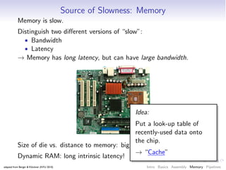 Source of Slowness: Memory
           Memory is slow.
           Distinguish two diﬀerent versions of “slow”:
             • Bandwidth
             • Latency
           → Memory has long latency, but can have large bandwidth.




                                                              Idea:
                                                              Put a look-up table of
                                                              recently-used data onto
                                                              the chip.
           Size of die vs. distance to memory: big!
                                                              → “Cache”
           Dynamic RAM: long intrinsic latency!
adapted from Berger & Klöckner (NYU 2010)                         Intro Basics Assembly Memory Pipelines
 