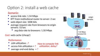 Performance:
 LAN utilization: .?
 access link utilization = ?
 average end-end delay = ?
Option 2: install a web cache
Transport Layer: 3-
43
origin
servers
public
Internet
institutional
network
1 Gbps LAN
1.54 Mbps
access link
Scenario:
 access link rate: 1.54 Mbps
 RTT from institutional router to server: 2 sec
 web object size: 100K bits
 average request rate from browsers to origin
servers: 15/sec
 avg data rate to browsers: 1.50 Mbps
How to compute link
utilization, delay?
Cost: web cache (cheap!)
local web cache
 