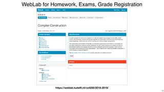WebLab for Homework, Exams, Grade Registration
!12
https://weblab.tudelft.nl/cs4200/2018-2019/
 