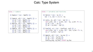 Calc: Type System
!78
rules // numbers
[[ Num(x) ^ (s) : NumT() ]].
[[ Pow(e1, e2) ^ (s) : NumT() ]] :=
[[ e1 ^ (s) : NumT() ]],
[[ e2 ^ (s) : NumT() ]].
[[ Mul(e1, e2) ^ (s) : NumT() ]] :=
[[ e1 ^ (s) : NumT() ]],
[[ e2 ^ (s) : NumT() ]].
[[ Add(e1, e2) ^ (s) : NumT() ]] :=
[[ e1 ^ (s) : NumT() ]],
[[ e2 ^ (s) : NumT() ]].
rules // variables and functions
[[ Var(x) ^ (s) : ty ]] :=
{x} -> s, {x} |-> d, d : ty.
[[ Let(x, e1, e2) ^ (s) : ty2 ]] :=
new s_let, {x} <- s_let, {x} : ty, s_let -P-> s,
[[ e1 ^ (s) : ty ]],
[[ e2 ^ (s_let) : ty2 ]].
[[ Fun([x], e) ^ (s) : FunT(ty1, ty2) ]] :=
new s_fun, {x} <- s_fun, {x} : ty1, s_fun -P-> s,
[[ e ^ (s_fun) : ty2 ]].
[[ App(e1, e2) ^ (s) : ty_res ]] :=
[[ e1 ^ (s) : ty_fun ]],
[[ e2 ^ (s) : ty_arg ]],
FunT(ty_arg, ty_res) instOf ty_fun.
 