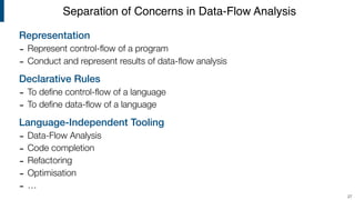 Representation
- Represent control-ﬂow of a program
- Conduct and represent results of data-ﬂow analysis
Declarative Rules
- To deﬁne control-ﬂow of a language
- To deﬁne data-ﬂow of a language
Language-Independent Tooling
- Data-Flow Analysis
- Code completion
- Refactoring
- Optimisation
- …
Separation of Concerns in Data-Flow Analysis
27
 