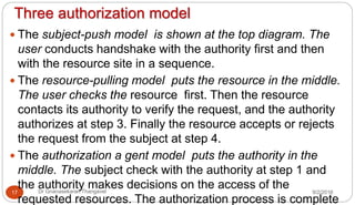 Three authorization model
9/2/2016Dr Gnanasekaran Thangavel17
 The subject-push model is shown at the top diagram. The
user conducts handshake with the authority first and then
with the resource site in a sequence.
 The resource-pulling model puts the resource in the middle.
The user checks the resource first. Then the resource
contacts its authority to verify the request, and the authority
authorizes at step 3. Finally the resource accepts or rejects
the request from the subject at step 4.
 The authorization a gent model puts the authority in the
middle. The subject check with the authority at step 1 and
the authority makes decisions on the access of the
requested resources. The authorization process is complete
 