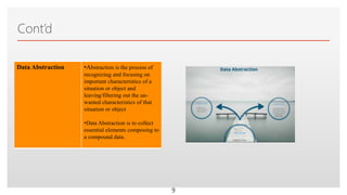Click to edit Master text styles
Cont’d
Data Abstraction •Abstraction is the process of
recognizing and focusing on
important characteristics of a
situation or object and
leaving/filtering out the un-
wanted characteristics of that
situation or object
•Data Abstraction is to collect
essential elements composing to
a compound data.
9
 