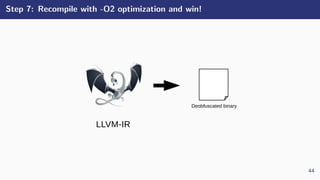 Step 7: Recompile with -O2 optimization and win!
LLVM-IR
Deobfuscated binary
44
 
