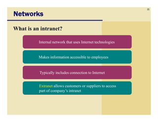 25

Networks
What is an intranet?

          Internal network that uses Internet technologies


          Makes information accessible to employees


          Typically includes connection to Internet


          Extranet allows customers or suppliers to access
          part of company’s intranet
 