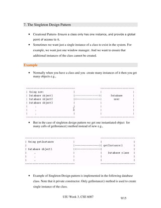 7. The Singleton Design Pattern

   •   Creational Pattern- Ensure a class only has one instance, and provide a global
       point of access to it.

   •   Sometimes we want just a single instance of a class to exist in the system. For
       example, we want just one window manager. And we want to ensure that
       additional instances of the class cannot be created.


Example

   •   Normally when you have a class and you create many instances of it then you get
       many objects e.g.,




   •   But in the case of singleton design pattern we get one instantiated object for
       many calls of getInstance() method instead of new e.g.,




   •   Example of Singleton Design pattern is implemented in the following database
       class. Note that it private constructor. Only getInstance() method is used to create
       single instance of the class.


                                UIU Week 3, CSE 6087                          9/15
 