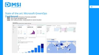 09
State of the art: Microsoft GreenOps
Dashboard
Goal : Get the CO2 emissions of services provided
Pros : very simple agragated view
Cons : Not really accurate, mainly based on service location
 
