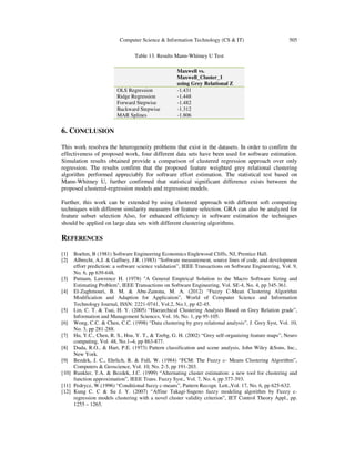 Computer Science & Information Technology (CS & IT) 505
Table 13. Results Mann-Whitney U Test
6. CONCLUSION
This work resolves the heterogeneity problems that exist in the datasets. In order to confirm the
effectiveness of proposed work, four different data sets have been used for software estimation.
Simulation results obtained provide a comparison of clustered regression approach over only
regression. The results confirm that the proposed feature weighted grey relational clustering
algorithm performed appreciably for software effort estimation. The statistical test based on
Mann-Whitney U, further confirmed that statistical significant difference exists between the
proposed clustered-regression models and regression models.
Further, this work can be extended by using clustered approach with different soft computing
techniques with different similarity measures for feature selection. GRA can also be analyzed for
feature subset selection Also, for enhanced efficiency in software estimation the techniques
should be applied on large data sets with different clustering algorithms.
REFERENCES
[1] Boehm, B (1981) Software Engineering Economics Englewood Cliffs, NJ, Prentice Hall.
[2] Albrecht, A.J. & Gaffney, J.R. (1983) “Software measurement, source lines of code, and development
effort prediction: a software science validation”, IEEE Transactions on Software Engineering, Vol. 9,
No. 6, pp 639-648.
[3] Putnam, Lawrence H. (1978) "A General Empirical Solution to the Macro Software Sizing and
Estimating Problem", IEEE Transactions on Software Engineering, Vol. SE-4, No. 4, pp 345-361.
[4] El-Zaghmouri, B. M. & Abu-Zanona, M. A. (2012) “Fuzzy C-Mean Clustering Algorithm
Modification and Adaption for Application”, World of Computer Science and Information
Technology Journal, ISSN: 2221-0741, Vol.2, No.1, pp 42-45.
[5] Lin, C. T. & Tsai, H. Y. (2005) “Hierarchical Clustering Analysis Based on Grey Relation grade”,
Information and Management Sciences, Vol. 16, No. 1, pp 95-105.
[6] Wong, C.C. & Chen, C.C. (1998) “Data clustering by grey relational analysis”, J. Grey Syst, Vol. 10,
No. 3, pp 281-288.
[7] Hu, Y.C., Chen, R. S., Hsu, Y. T., & Tzebg, G. H. (2002) “Grey self-organizing feature maps”, Neuro
computing, Vol. 48, No.1–4, pp 863-877.
[8] Duda, R.O., & Hart, P.E. (1973) Pattern classification and scene analysis, John Wiley &Sons, Inc.,
New York.
[9] Bezdek, J. C., Ehrlich, R. & Full, W. (1984) “FCM: The Fuzzy c- Means Clustering Algorithm”,
Computers & Geoscience, Vol. 10, No. 2-3, pp 191-203.
[10] Runkler, T.A. & Bezdek, J.C. (1999) “Alternating cluster estimation: a new tool for clustering and
function approximation”, IEEE Trans. Fuzzy Syst., Vol. 7, No. 4, pp 377-393.
[11] Pedrycz, W.(1996) “Conditional fuzzy c-means”, Pattern Recogn. Lett.,Vol. 17, No. 6, pp 625-632.
[12] Kung C. C & Su J. Y. (2007) “Affine Takagi-Sugeno fuzzy modeling algorithm by Fuzzy c-
regression models clustering with a novel cluster validity criterion”, IET Control Theory Appl., pp.
1255 – 1265.
Maxwell vs.
Maxwell_Cluster_1
using Grey Relational Z
OLS Regression -1.431
Ridge Regression -1.448
Forward Stepwise -1.482
Backward Stepwise -1.312
MAR Splines -1.806
 