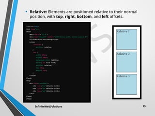 I
W
S
• Relative: Elements are positioned relative to their normal
position, with top, right, bottom, and left offsets.
InfiniteWebSolutions 15
 