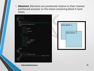 I
W
S
• Absolute: Elements are positioned relative to their nearest
positioned ancestor or the initial containing block if none
exists.
InfiniteWebSolutions 16
 