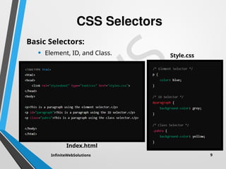 I
W
S
CSS Selectors
Basic Selectors:
• Element, ID, and Class.
InfiniteWebSolutions 9
Index.html
Style.css
 