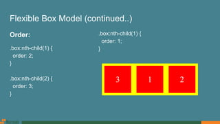 Flexible Box Model (continued..)
Order:
.box:nth-child(1) {
order: 2;
}
.box:nth-child(2) {
order: 3;
}
.box:nth-child(1) {
order: 1;
}
 