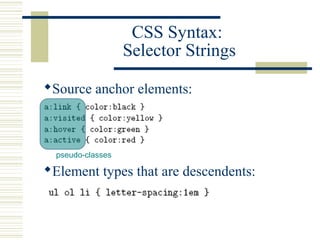 CSS Syntax:
Selector Strings
Source anchor elements:
Element types that are descendents:
pseudo-classes
 