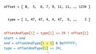 105
offset = [ 0, 5, 6, 7, 9, 11, 11, …, 1234 ]
type = [ 1, 47, 47, 4, 4, 47, 5, …, 3 ]
offsetAndType[i] = type[i] << 24 | offset[i]
start = end
end = offsetAndType[i + 1] & 0xFFFFFF;
type = offsetAndType[i] >> 24;
 