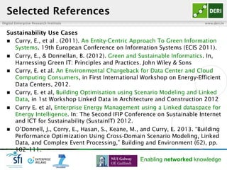Digital Enterprise Research Institute www.deri.ie
Enabling networked knowledge
Selected References
Sustainability Use Cases
n  Curry, E., et al . (2011). An Entity-Centric Approach To Green Information
Systems. 19th European Conference on Information Systems (ECIS 2011).
n  Curry, E., & Donnellan, B. (2012). Green and Sustainable Informatics. In,
Harnessing Green IT: Principles and Practices. John Wiley & Sons
n  Curry, E. et al. An Environmental Chargeback for Data Center and Cloud
Computing Consumers, in First International Workshop on Energy-Efficient
Data Centers, 2012.
n  Curry, E. et al, Building Optimisation using Scenario Modeling and Linked
Data, in 1st Workshop Linked Data in Architecture and Construction 2012
n  Curry E. et al, Enterprise Energy Management using a Linked dataspace for
Energy Intelligence. In: The Second IFIP Conference on Sustainable Internet
and ICT for Sustainability (SustainIT) 2012.
n  O’Donnell, J., Corry, E., Hasan, S., Keane, M., and Curry, E. 2013. “Building
Performance Optimization Using Cross-Domain Scenario Modeling, Linked
Data, and Complex Event Processing,” Building and Environment (62), pp.
102–111.
 