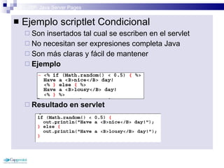 3 – JSP: Java Server Pages Ejemplo scriptlet Condicional Son insertados tal cual se escriben en el servlet No necesitan ser expresiones completa Java Son más claras y fácil de mantener Ejemplo Resultado en servlet 