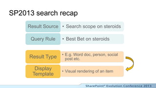 SP2013 search recap
     Result Source • Search scope on steroids

      Query Rule   • Best Bet on steroids


                   • E.g. Word doc, person, social
     Result Type     post etc.

        Display    • Visual rendering of an item
       Template
 