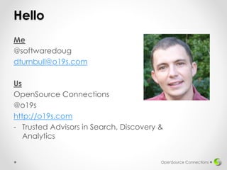 Hello
Me
@softwaredoug
dturnbull@o19s.com
Us
OpenSource Connections
@o19s
http://o19s.com
- Trusted Advisors in Search, Discovery &
Analytics
OpenSource Connections
 
