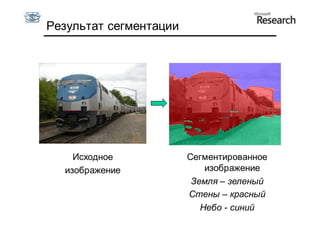 Результат сегментации




    Исходное            Сегментированное
  изображение               изображение
                         Земля – зеленый
                        Стены – красный
                           Небо - синий
 