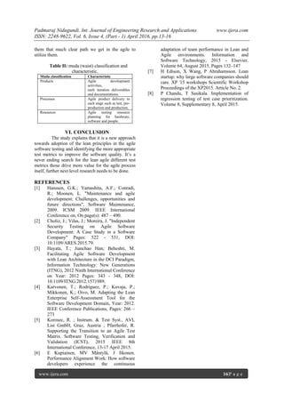 Padmaraj Nidagundi. Int. Journal of Engineering Research and Applications www.ijera.com
ISSN: 2248-9622, Vol. 6, Issue 4, (Part - 1) April 2016, pp.13-16
www.ijera.com 16|P a g e
them that much clear path we get in the agile to
utilize them.
Table II: muda (waist) classification and
characteristic.
Muda classification Characteristic
Products Agile development
activities,
each iteration deliverables
and documentations.
Processes Agile product delivery to
each stage such as test, pre-
production and production.
Resources Agile testing resource
planning for hardware,
software and people.
VI. CONCLUSION
The study explains that it is a new approach
towards adoption of the lean principles in the agile
software testing and identifying the more appropriate
test metrics to improve the software quality. It’s a
never ending search for the lean agile different test
metrics those drive more value for the agile process
itself, further next level research needs to be done.
REFERENCES
[1] Hanssen, G.K.; Yamashita, A.F.; Conradi,
R.; Moonen, L. "Maintenance and agile
development: Challenges, opportunities and
future directions", Software Maintenance,
2009. ICSM 2009. IEEE International
Conference on, On page(s): 487 – 490.
[2] Choliz, J.; Vilas, J.; Moreira, J. "Independent
Security Testing on Agile Software
Development: A Case Study in a Software
Company" Pages: 522 - 531, DOI:
10.1109/ARES.2015.79.
[3] Hayata, T.; Jianchao Han; Beheshti, M.
Facilitating Agile Software Development
with Lean Architecture in the DCI Paradigm,
Information Technology: New Generations
(ITNG), 2012 Ninth International Conference
on Year: 2012 Pages: 343 - 348, DOI:
10.1109/ITNG.2012.1571989.
[4] Karvonen, T.; Rodriguez, P.; Kuvaja, P.;
Mikkonen, K.; Oivo, M. Adapting the Lean
Enterprise Self-Assessment Tool for the
Software Development Domain, Year: 2012.
IEEE Conference Publications, Pages: 266 –
273
[5] Korosec, R. ; Instrum. & Test Syst., AVL
List GmbH, Graz, Austria ; Pfarrhofer, R.
Supporting the Transition to an Agile Test
Matrix. Software Testing, Verification and
Validation (ICST), 2015 IEEE 8th
International Conference, 13-17 April 2015.
[6] E Kupiainen, MV Mäntylä, J Itkonen.
Performance Alignment Work: How software
developers experience the continuous
adaptation of team performance in Lean and
Agile environments. Information and
Software Technology, 2015 - Elsevier.
Volume 64, August 2015, Pages 132–147
[7] H Edison, X Wang, P Abrahamsson. Lean
startup: why large software companies should
care. XP '15 workshops Scientific Workshop
Proceedings of the XP2015. Article No. 2.
[8] P Chandu, T Sasikala. Implementation of
regression testing of test case prioritization.
Volume 8, Supplementary 8, April 2015.
 
