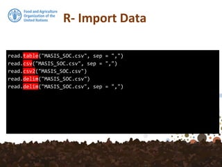 R- Import Data
read.table("MASIS_SOC.csv", sep = ",")
read.csv("MASIS_SOC.csv", sep = ",")
read.csv2("MASIS_SOC.csv")
read.delim("MASIS_SOC.csv")
read.delim("MASIS_SOC.csv", sep = ",")
 