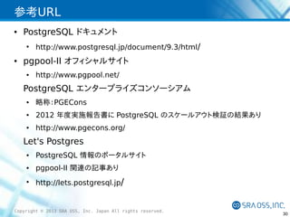参考URL
●

PostgreSQL ドキュメント
●

●

http://www.postgresql.jp/document/9.3/html/

pgpool-II オフィシャルサイト
●

http://www.pgpool.net/

PostgreSQL エンタープライズコンソーシアム
●

略称：PGECons

●

2012 年度実施報告書に PostgreSQL のスケールアウト検証の結果あり

●

http://www.pgecons.org/

Let's Postgres
●

PostgreSQL 情報のポータルサイト

●

pgpool-II 関連の記事あり

●

http://lets.postgresql.jp/

Copyright © 2013 SRA OSS, Inc. Japan All rights reserved.

30

 