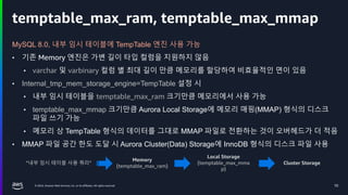 © 2024, Amazon Web Services, Inc. or its affiliates. All rights reserved.
temptable_max_ram, temptable_max_mmap
10
MySQL 8.0, 내부 임시 테이블에 TempTable 엔진 사용 가능
• 기존 Memory 엔진은 가변 길이 타입 컬럼을 지원하지 않음
• varchar 및 varbinary 컬럼 별 최대 길이 만큼 메모리를 할당하여 비효율적인 면이 있음
• Internal_tmp_mem_storage_engine=TempTable 설정 시
• 내부 임시 테이블을 temptable_max_ram 크기만큼 메모리에서 사용 가능
• temptable_max_mmap 크기만큼 Aurora Local Storage에 메모리 매핑(MMAP) 형식의 디스크
파일 쓰기 가능
• 메모리 상 TempTable 형식의 데이터를 그대로 MMAP 파일로 전환하는 것이 오버헤드가 더 적음
• MMAP 파일 공간 한도 도달 시 Aurora Cluster(Data) Storage에 InnoDB 형식의 디스크 파일 사용
”내부 임시 테이블 사용 쿼리”
Memory
{temptable_max_ram}
Local Storage
{temptable_max_mma
p}
Cluster Storage
 