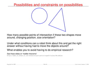 Possibilities and constraints on possibilities




How many possible points of intersection if these two shapes move
around, changing position, size orientation?

Under what conditions can a robot think about this and get the right
answer without having had to move the objects around?
What enables you to avoid having to do empirical research?
See these slides on “toddler theorems”
http://www.cs.bham.ac.uk/research/projects/cogaff/talks/#toddler




Dagstuhl Oct 2009                        Slide 40                  Last revised: January 7, 2010
 