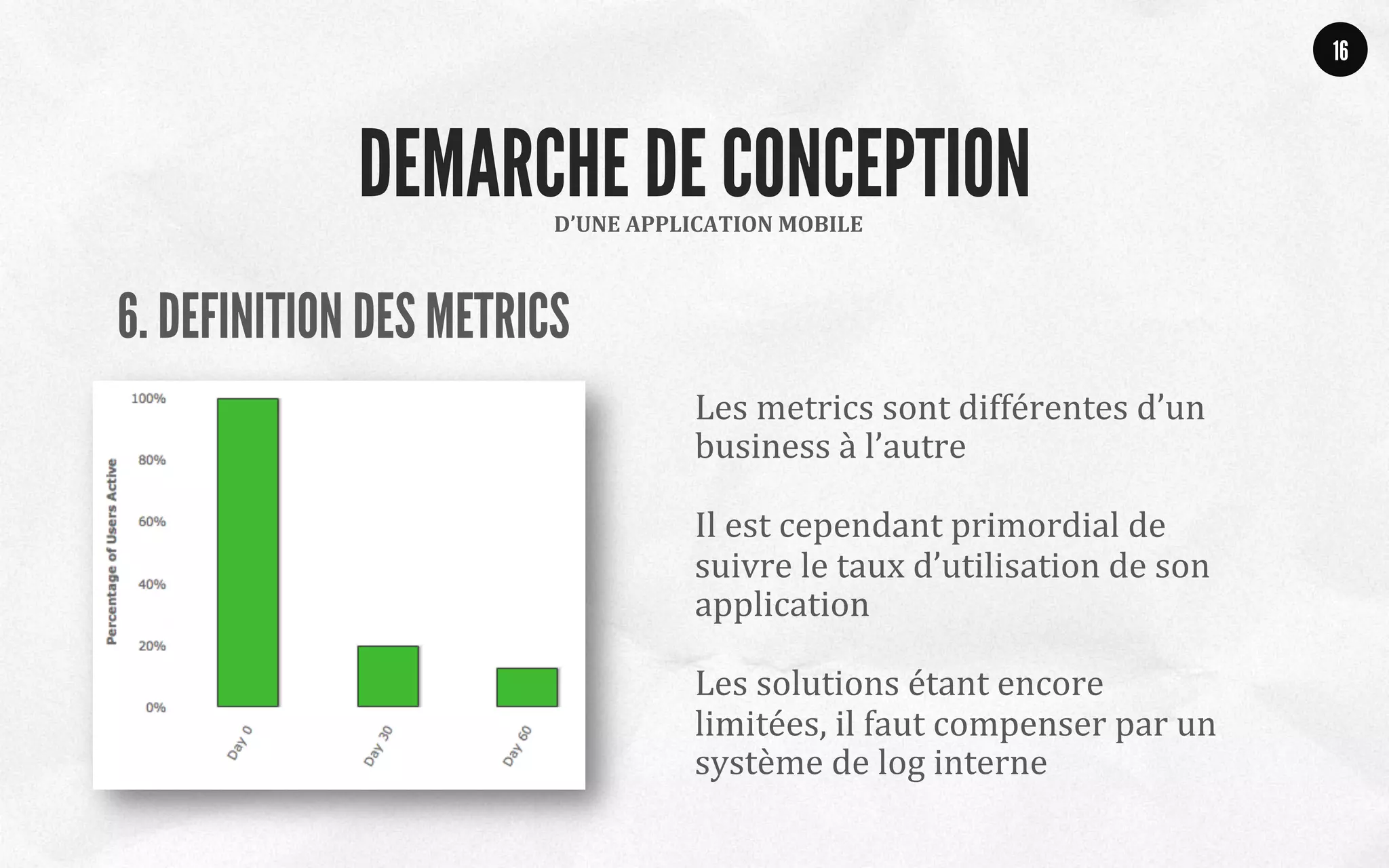 6. DEFINITION DES METRICS
	
  
16
D’UNE	
  APPLICATION	
  MOBILE	
  
DEMARCHE DE CONCEPTION
Les	
  metrics	
  sont	
  différentes	
  d’un	
  
business	
  à	
  l’autre	
  
	
  
Il	
  est	
  cependant	
  primordial	
  de	
  
suivre	
  le	
  taux	
  d’utilisation	
  de	
  son	
  
application	
  
	
  
Les	
  solutions	
  étant	
  encore	
  
limitées,	
  il	
  faut	
  compenser	
  par	
  un	
  
système	
  de	
  log	
  interne	
  
	
  
 