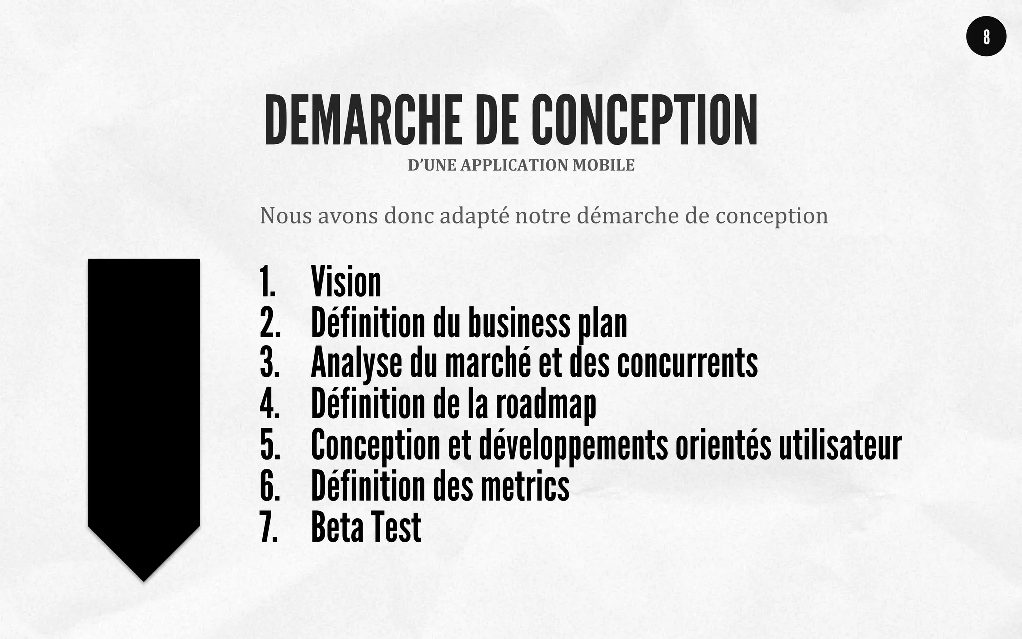 Nous	
  avons	
  donc	
  adapté	
  notre	
  démarche	
  de	
  conception	
  
1.  Vision
2.  Définition du business plan
3.  Analyse du marché et des concurrents
4.  Définition de la roadmap
5.  Conception et développements orientés utilisateur
6.  Définition des metrics
7.  Beta Test
8
D’UNE	
  APPLICATION	
  MOBILE	
  
DEMARCHE DE CONCEPTION
 