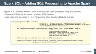 info@rittmanmead.com www.rittmanmead.com @rittmanmead 64
•Spark SQL, and Data Frames, allow RDDs in Spark to be processed using SQL queries

•Bring in and federate additional data from JDBC sources

•Load, read and save data in Hive, Parquet and other structured tabular formats
Spark SQL - Adding SQL Processing to Apache Spark
val accessLogsFilteredDF = accessLogs
.filter( r => ! r.agent.matches(".*(spider|robot|bot|slurp).*"))
.filter( r => ! r.endpoint.matches(".*(wp-content|wp-admin).*")).toDF()
.registerTempTable("accessLogsFiltered")
val topTenPostsLast24Hour = sqlContext.sql("SELECT p.POST_TITLE, p.POST_AUTHOR, COUNT(*)  
as total  
FROM accessLogsFiltered a  
JOIN posts p ON a.endpoint = p.POST_SLUG  
GROUP BY p.POST_TITLE, p.POST_AUTHOR  
ORDER BY total DESC LIMIT 10 ")
// Persist top ten table for this window to HDFS as parquet file
topTenPostsLast24Hour.save("/user/oracle/rm_logs_batch_output/topTenPostsLast24Hour.parquet" 
, "parquet", SaveMode.Overwrite)
 