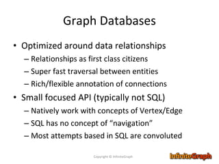 Graph Databases Optimized around data relationships Relationships as first class citizens Super fast traversal between entities Rich/flexible annotation of connections Small focused API (typically not SQL) Natively work with concepts of Vertex/Edge SQL has no concept of “navigation” Most attempts based in SQL are convoluted Copyright © InfiniteGraph 