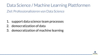 1. support data science team processes
2. democratization of data
3. democratization of machine learning
Data Science / Machine Learning Plattformen
Ziel: Professionalisieren von Data Science
 