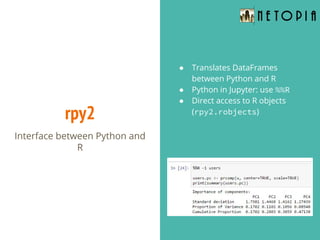 rpy2
Interface between Python and
R
● Translates DataFrames
between Python and R
● Python in Jupyter: use %%R
● Direct access to R objects
(rpy2.robjects)
 