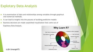 (c)Dr Umang@ITS
Explotary Data Analysis
 It is examination of data and relationships among variables through graphical
and numerical methods.
 It can lead to insights into the process of building predictive models
 Business decisions are made unpolished visualization that come out of
Explotary Data Analysis.
 
