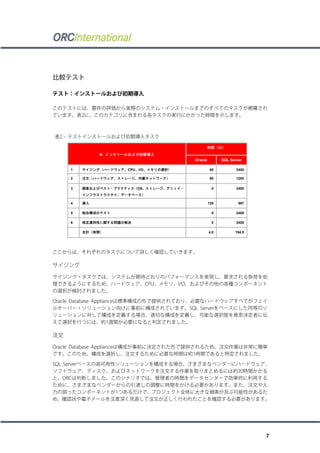 比較テスト
テスト：インストールおよび初期導入
このテストには、要件の評価から実際のシステム・インストールまでのすべてのタスクが網羅され
ています。表2に、このカテゴリに含まれる各タスクの実行にかかった時間を示します。
表2 - テストインストールおよび初期導入タスク
A. インストールおよび初期導入
時間（分）
Oracle SQL Server
1 サイジング（ハードウェア、CPU、I/O、メモリの選択） 60 2400
2 注文（ハードウェア、ストレージ、内蔵ネットワーク） 60 1200
3 調査およびベスト・プラクティス（OS、ストレージ、グリッド・
インフラストラクチャ、データベース）
0 2400
4 導入 120 867
5 独自構成のテスト 0 2400
6 相互運用性に関する問題の解決 0 2400
合計（時間） 4.0 194.5
ここからは、それぞれのタスクについて詳しく確認していきます。
サイジング
サイジング・タスクでは、システムが期待どおりのパフォーマンスを実現し、要求される負荷を処
理できるようにするため、ハードウェア、CPU、メモリ、I/O、およびその他の各種コンポーネント
の選択が検討されました。
Oracle Database Applianceは標準構成の形で提供されており、必要なハードウェアすべてがフェイ
ルオーバー・ソリューション向けに事前に構成されています。SQL Serverをベースにした同等のソ
リューションに対して構成を定義する場合、適切な構成を定義し、可能な選択肢を意思決定者に伝
えて選択を行うには、約1週間が必要になると判定されました。
注文
Oracle Database Applianceは構成が事前に決定された形で提供されるため、注文作業は非常に簡単
です。このため、構成を選択し、注文するために必要な時間は約1時間であると特定されました。
SQL Serverベースの高可用性ソリューションを構成する場合、さまざまなベンダーにハードウェア、
ソフトウェア、ディスク、およびネットワークを注文する作業を取りまとめるには約20時間かかる
と、ORCは判断しました。このシナリオでは、管理者の時間をデータセンターで効果的に利用する
ために、さまざまなベンダーからの引渡しの調整に時間をかける必要があります。また、注文や入
力の誤ったコンポーネントが1つあるだけで、プロジェクト全体に大きな損害が及ぶ可能性があるた
め、確認状や電子メールを注意深く見直して注文が正しく行われたことを確認する必要があります。
7
 