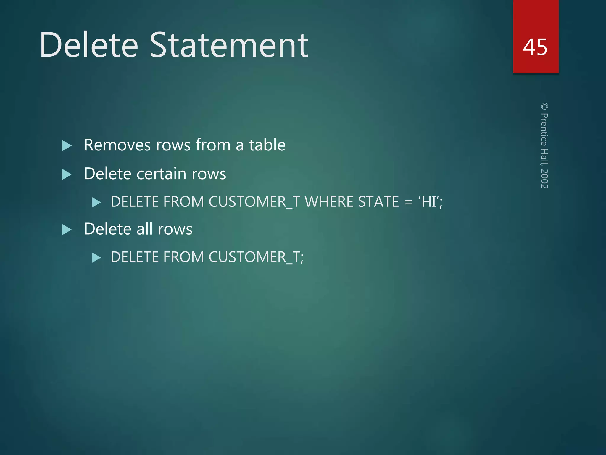 Delete Statement
 Removes rows from a table
 Delete certain rows
 DELETE FROM CUSTOMER_T WHERE STATE = ‘HI’;
 Delete all rows
 DELETE FROM CUSTOMER_T;
45
 
